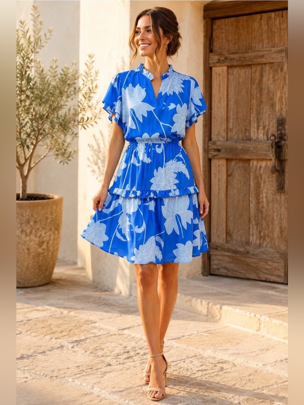 PRETTYGARDEN Royal Blue White Floral Flutter Sleeve Dress L NWT Pockets Boho